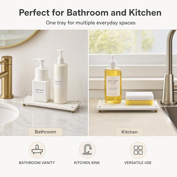 Instant Dry Sink Caddy Kitchen Sink Organizer, Quick Drying Stone Tray Diatomite Sponge Holder Soap Dish, Bathroom Countertop Fast Dry Water Absorbing Vanity Rack, Gold White, 12" x 5"