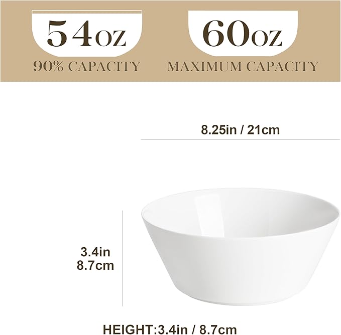 MALACASA 60 OZ Large Salad Soup Bowls Set of 4, White Ceramic Bowls | Deep Bowls for Kitchen, Family Salad, Ramen, Pasta, Pho, Fruit, Microwave & Dishwasher Safe Gift Set, Series REGULAR
