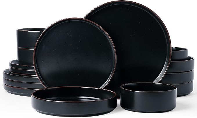 Famiware Nebula Ridge 16-Piece Dinnerware Set with Pasta Bowls, Matte Black | Stoneware Plates and Bowls for 4, Warm Hand-Painted Rims, Microwave and Dishwasher Safe