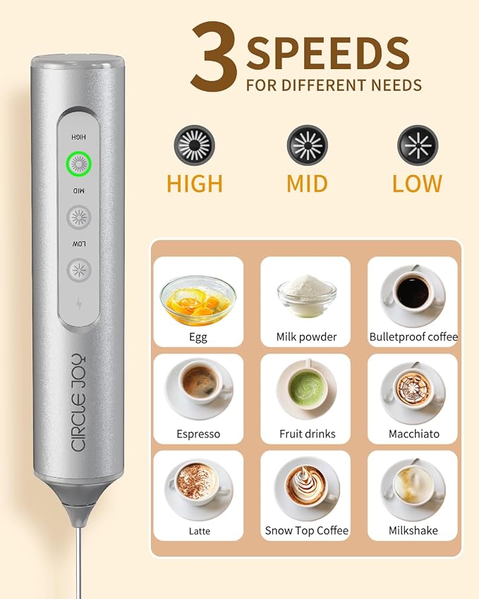 CIRCLE JOY Rechargeable Handheld Milk Frother Wand with Stand, 3 Variable Speeds, 3 Whisks and Storage Box, Electric Drink Mixer for Latte, Cappuccino, Hot Chocolate, Eggs and Protein Powder, Silver