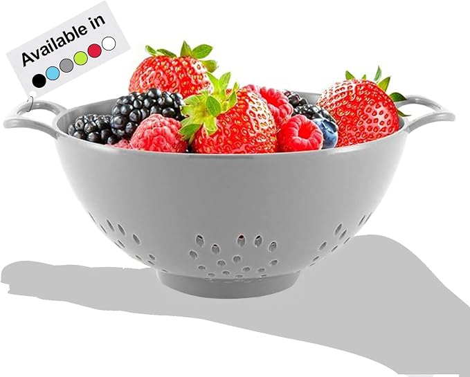 Meadow Lane 6-Inch Small Colander, 3-Cup Food Strainer, Silver Gray | BPA-free, dishwasher-safe mini colander has a wide, shallow bowl, 1/8-inch holes, two handles, ring foot and smooth edges.