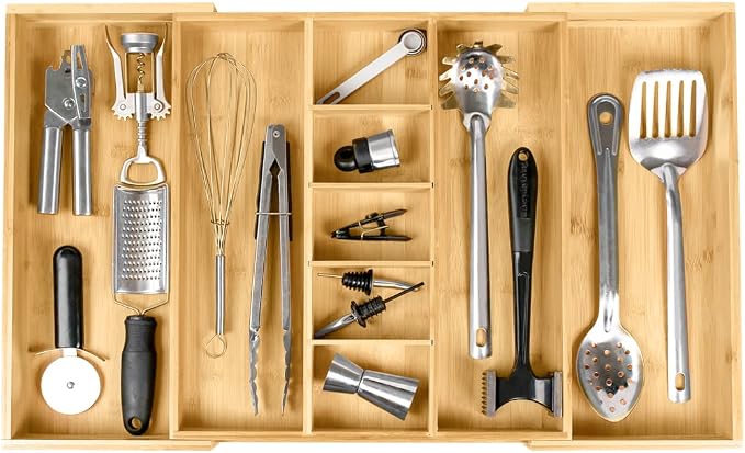 Utensil & Junk Drawer Organizer, 16-28 in, Bamboo | Food-safe contract grade, 100% sustainable wood, non-slip, adjustable