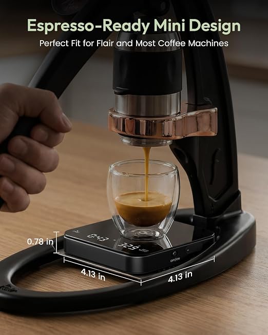 Maestri House S2 Espresso Coffee Scale with Timer 0.1g Precision Shot Scale | USB-C Rechargeable, Dual Timing Modes, 2kg/0.1g Digital Scale with Borosilicate Glass Top for Espresso and Pour-Over Brewing