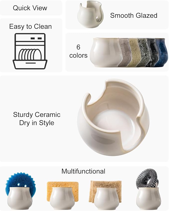 Zoeeker Sponge Holder for Kitchen Sink, Ceramic Dish Sponge Caddy | Scouring Pad Holder Kitchen Storage Accessories Brush Holder for Bathroom, Countertop, Sink, Farmhouse Kitchen Decor, White