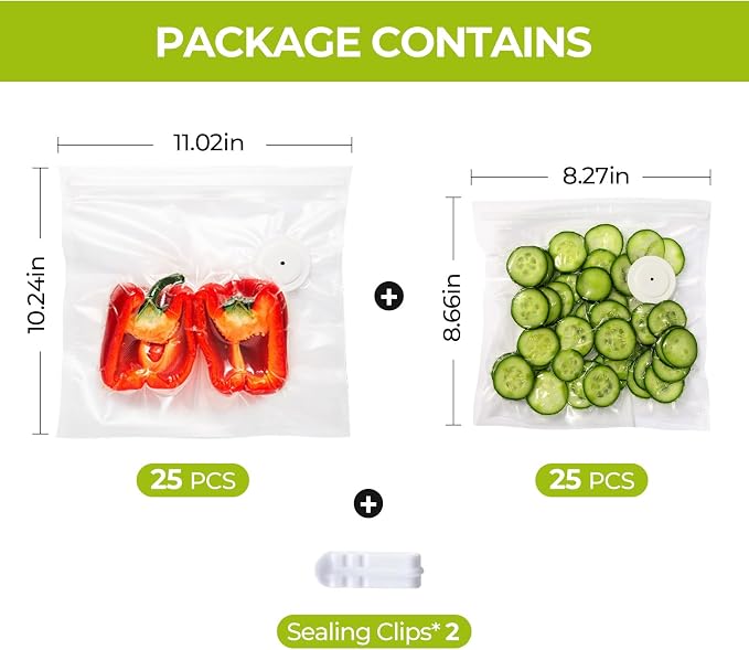 Reusable Vacuum Sealer Bags for Food, 50 BPA-Free Food Storage Bags | 2 Sizes, Double-Zip Valve Design, Leak-Resistant, Odor-Resistant, Freezer Storage For Meal Prep, Leftovers And Sous Vide