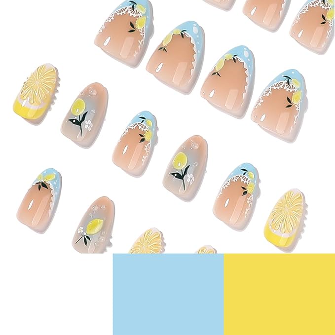 Summer Lemon Press on Nails Short Almond Shape Fake Nails with 3D Lemon Floral Design Blue French Tip Glue on Nails Cute Fruit Beach Acrylic Nail Tips Full Cover False Nails for Women 24Pcs