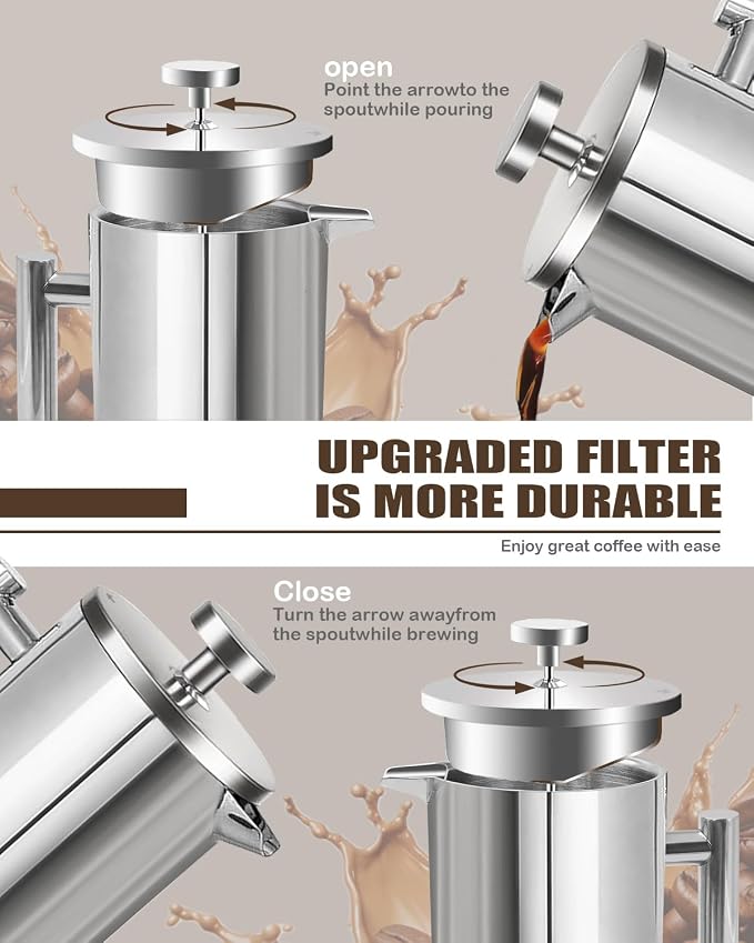 French Press Coffee Maker, Stainless Steel, Silver, 17 OZ | with scale lines，2 Extra Filters