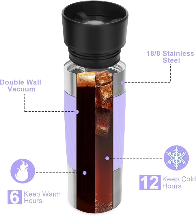Travel Coffee Mug with 360°Lid, Travel Coffee Tumbler 16 oz Leak Proof, Stainless Steel Insulated Travel Mugs for Hot and Cold Spill Proof Leak Proof(Light Purple)