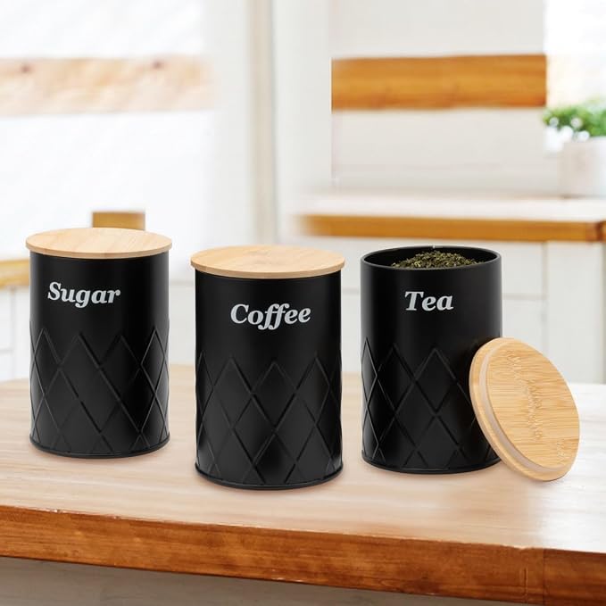 Black Metal Bread Box with Cutting Board,3 Canisters for Kitchen | Coffee Tea Sugar Container Storage Set Bread Bin with Bamboo Lid for Kitchen Countertop Bread Box Set