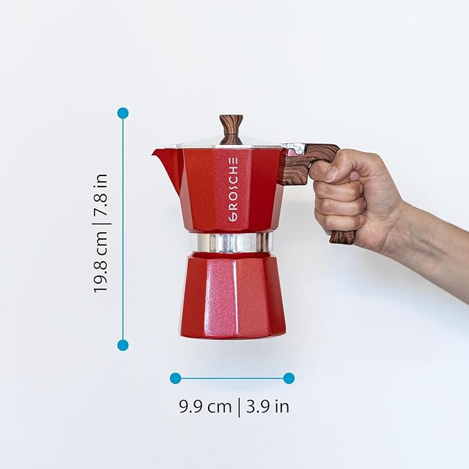 GROSCHE Milano 6 Espresso Cup, 9.3 oz Red Stovetop Espresso Maker - Italian Moka Pot | Cuban Coffee Maker And Italian Moka Pot For Stovetop Espresso; For Gas, Electric, And Propane Stoves With A Soft-Touch Handle