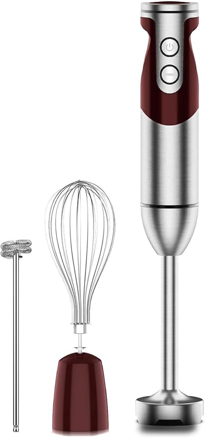 MegaWise Pro Titanium Reinforced 3-in-1 Immersion Corded Hand Blender, Powerful MOTOR with 80% Sharper Blades, 12-Speed Corded Blender, IncludingWhisk and Milk Frother (3-in 1 Red)