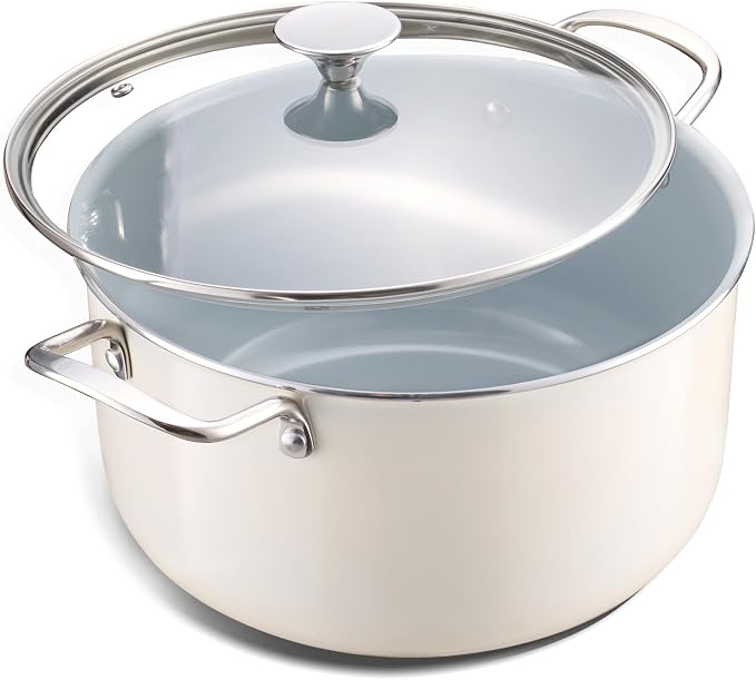 Ceramic Nonstick Stock Pot with Lid 8 QT Large Induction Cooking Pot with Stainless Steel Handles, Non Toxic Soup Pot for Stews, Oven & Dishwasher Safe, Cream White