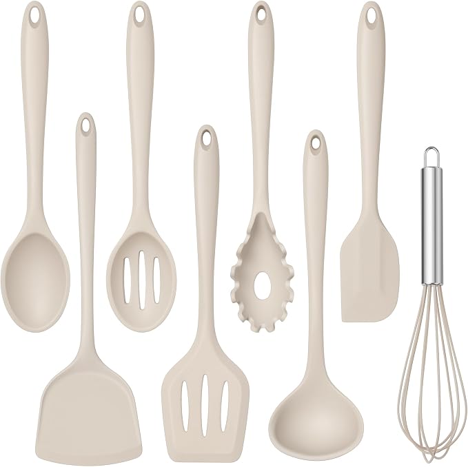 TeamFar Silicone Cooking Utensils Set, 8 PCS Kitchen Utensils Set, Khaki | 446°F Heat Resistant Turner, Spatula, Spoon, Whisk, Kitchen Cooking Gadgets Tools, for Nonstick Cookware, Dishwasher Safe