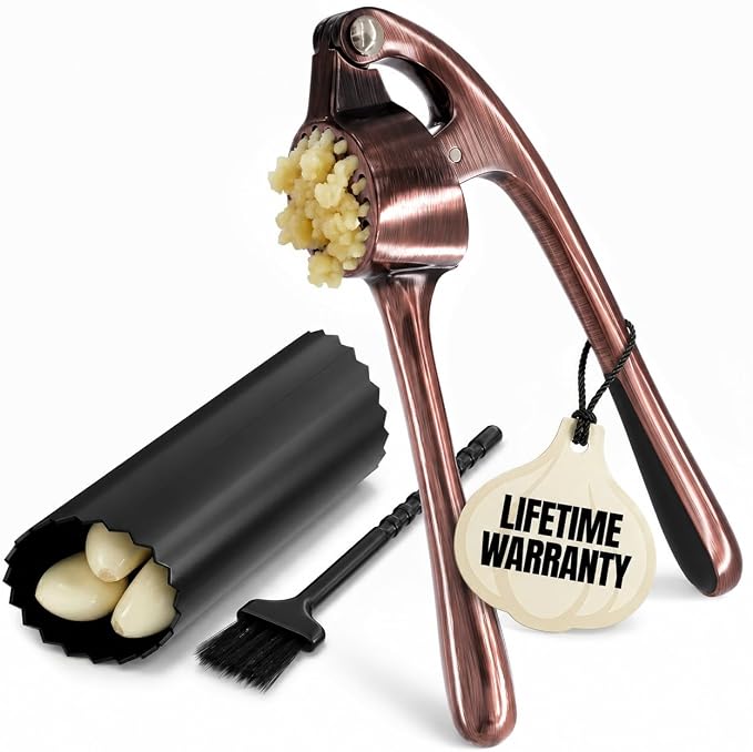 Stainless Steel Garlic Press Set, Peeler & Cleaning Brush, Copper | Ginger Mincer with 37 Built-In Studs for Maximum Extraction, Garlic Crusher for Ginger and Soft Nuts, Ergonomic Handle