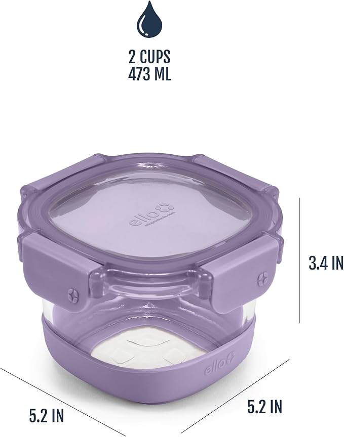 Ello Duraglass Refresh 2 Cup Meal Prep Sets 4Pc, 2 Pack - Glass Food Storage Container with Silicone Boot and Airtight BPA-Free Plastic Lids, Dishwasher, Microwave and Freezer Safe, Dusty Lavender