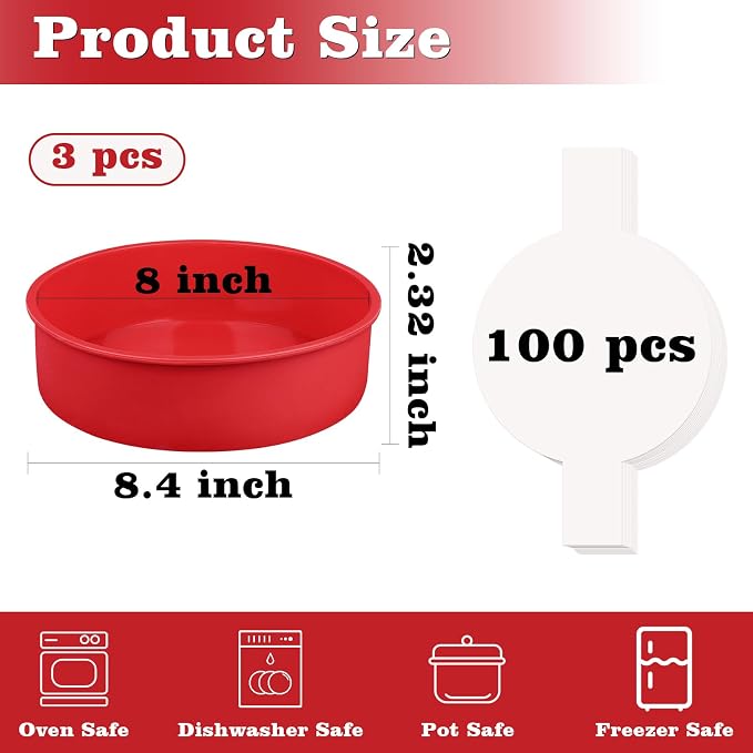 HUAKENER 8 Inch Round Cake Pan,3Pcs Silicone Cake Mold with Parchment Paper | Nonstick Cake Molds with 100 Pieces Parchment Paper for Birthday Cakes, Layer Cakes, Cheese Caks, Chocolate Cakes