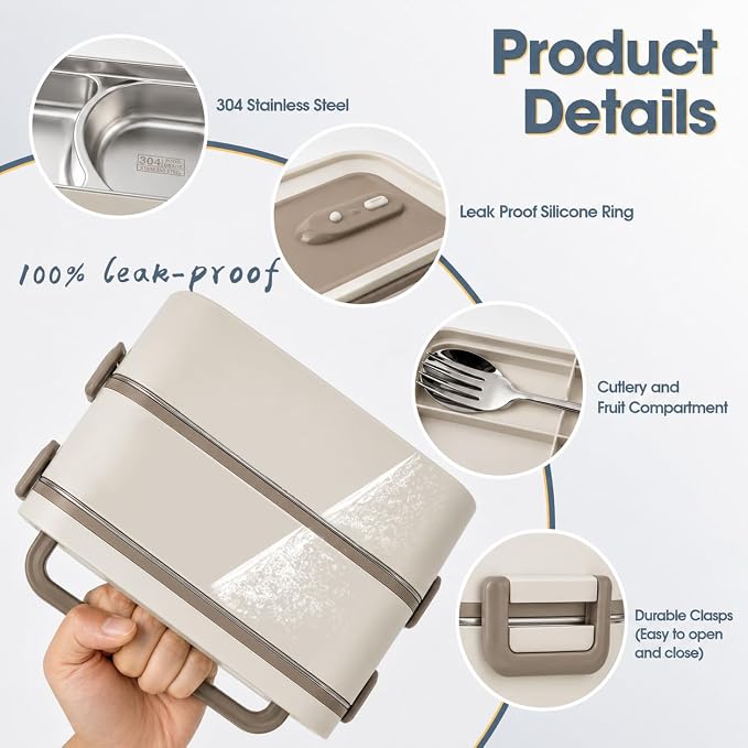 Kabbas 18/8 Stainless Steel Bento Box for Kids & Women – 66 Oz Leakproof Lunch Containers for Adults, 2Layers Stackable Metal Lunch Box with Cutlery & Insulated Bag – Ideal for Work, School, Picnic
