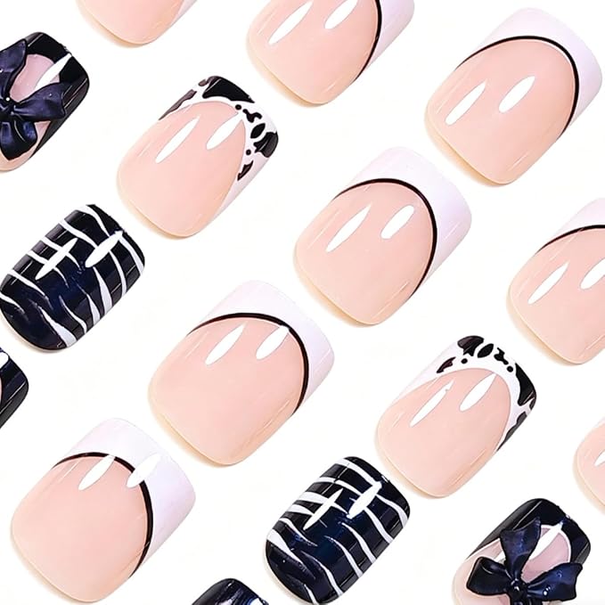 24Pcs Black White French Tip Press on Nails Short Square Fake Nails Press ons Nail Art Tips with 3D Bow Cow Print Stripes Design Acrylic Glue on Nails Full Cover Nude False Nails for Women Manicure