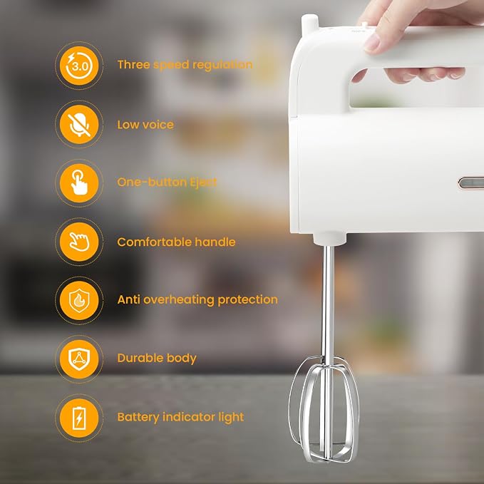 Cordless Hand Mixer, 3 Speed Rechargeable Hand Mixers Electric, Type-C Charging Cable Dual-head Whisk for Whipping Mixing Egg, Cake Dough, Mashed Potatoes and More