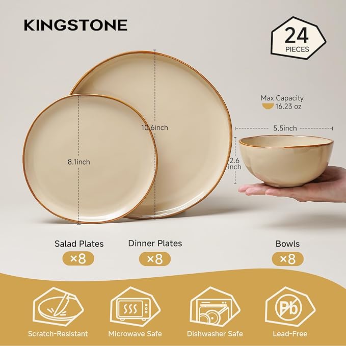 Stoneware Dinnerware Sets for 8, Reactive Glaze Plates and Bowls, Blue | 24-Piece Handcrafted Rustic Porcelain Dishes Set, Highly Scratch Resistant, Dishwasher & Microwave Safe
