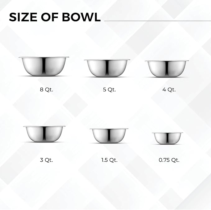 Set of 6 Premium Stainless Steel Mixing Bowls Set, Easy To Clean, Space Saving Nestable Design, Great for Cooking, Baking, Prepping (0.75qt, 1.5qt, 3qt, 4qt, 5qt, 8qt)