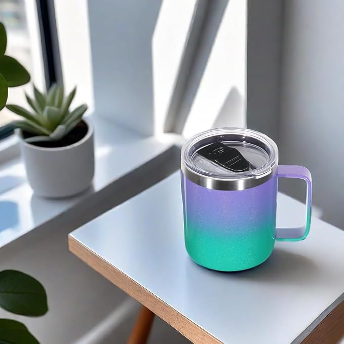 Volhoply 14oz Insulated Stainless Steel Coffee Mug with Lid Bulk 2 Pack,Double Wall Vacuum Travel Coffee Cup with Handle,Reusable Cups Tumbler,Camping Mugs Keep Hot,Ideal Gifts(Purple Green,2)