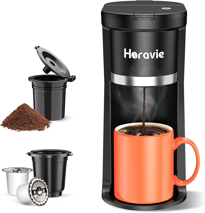 Small Single Serve Coffee Maker, One Cup Coffee Machine for K-Cup & Grounds | Portable Pod Coffee Maker, Fast Brew, 6 to 12 oz. Brew Sizes, One Button Design, Easy for Elder to Use, Space Saving, Black