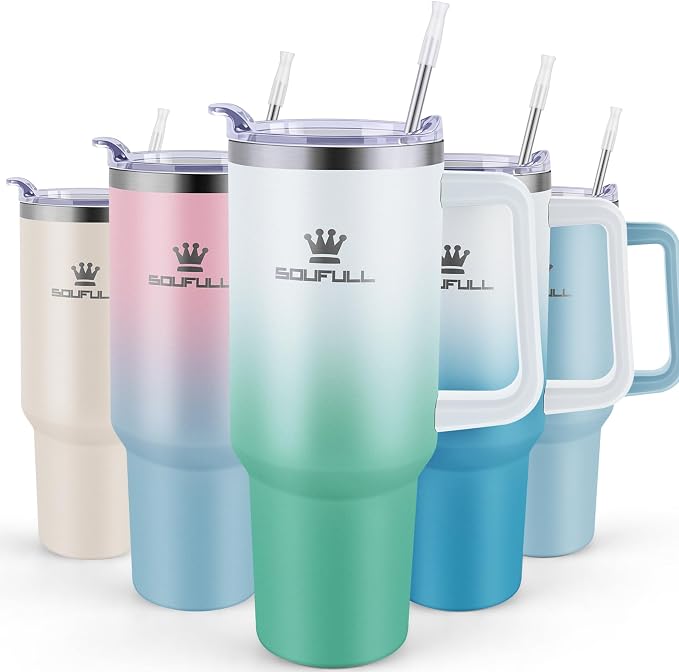 40 oz Tumbler with Handle and Straw Lid, 100% Leak-proof, WhiteGreen | Stainless Steel Insulated Travel Coffee Cup, Keeps Cold 34Hrs or Hot 10Hrs, Dishwasher Safe