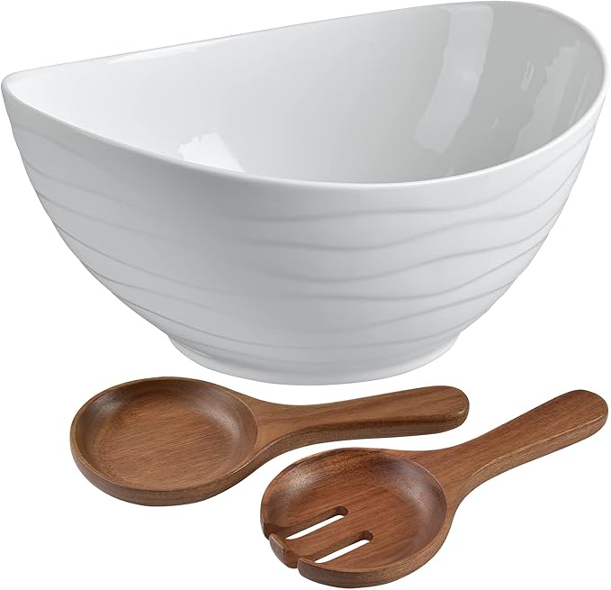 KITEISCAT Extra Large Elegant Ceramic Oval Salad Bowl Set with Premium Acacia Wood Salad Serving Utensils - Large Capacity, Stylish and Practical, Kitchen Must-Have