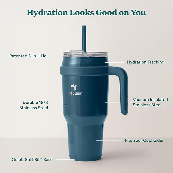 REDUCE 40 oz Stainless Steel Tumbler with Handle - Dual-Wall Vacuum Insulated Travel Mug, Sweat-Proof Lid & Reusable Straw - Keeps Drinks Cold for 24 Hrs, Fits Cupholders, Dishwasher Safe - Dark Web