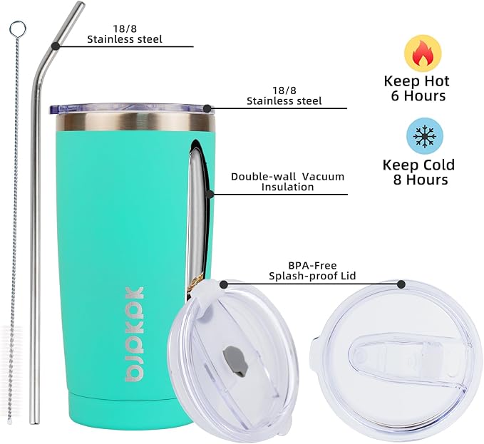 BJPKPK 20 oz Coffee Tumbler with Lid, Straw, Insulated Stainless Steel Mug | Double Wall Vacuum, Keeps Hot/Cold, BPA Free, Leak Proof, Iced Coffee Cup Fit Car Holder, Travel & Beach Ready, Turquoise