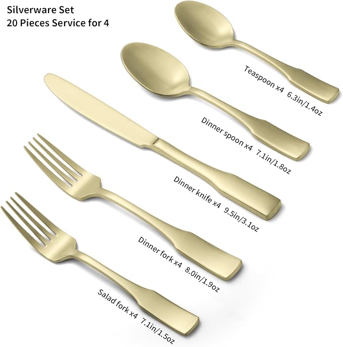 Alata Kate Champagne Gold Satin 20-Piece Silverware Set, Service for 4, Stainless Steel Flatware Set, Matte Polished Cutlery Set, Dishwasher Safe