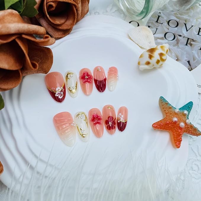 30Pcs Cute Flower Press On Nails Short Almond Fake Nails with 3D Shell Floral & Pearl Design Red French Tip False Nails Gold Chrome Full Cover Pink Glossy Acrylic Nails Summer Stick on Nails for Women
