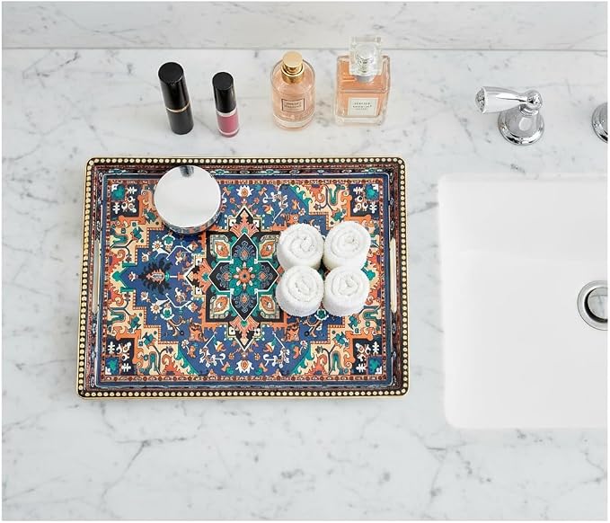 Boho Persian Rug Pattern Serving Tray with Handles, 15.7”x11.8” Rectangular Plastic Decorative Tray (Vintage Blue/Orange/Green) for Coffee Table, Ottoman, Bathroom & Living Room.