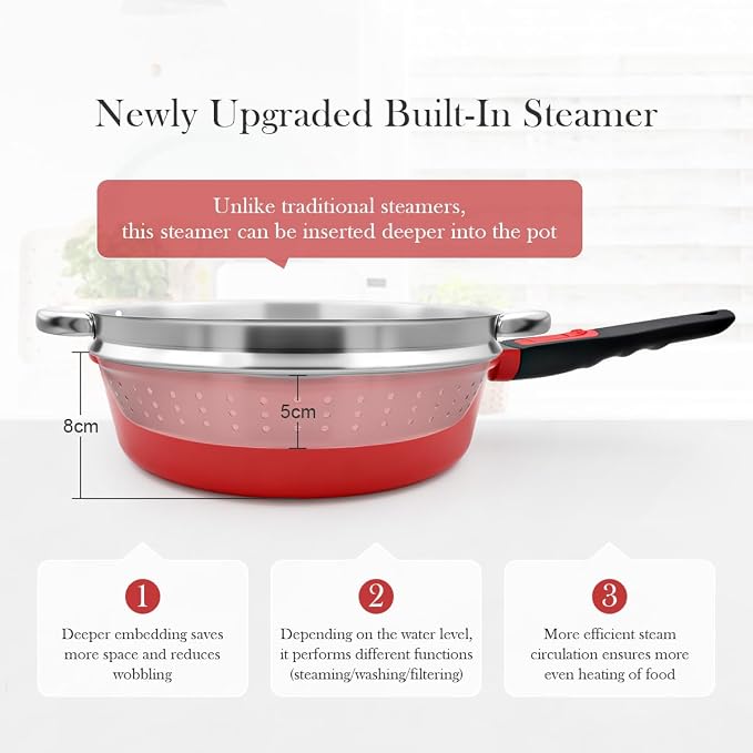 12 Inch Steamer Pan Nonstick, Deep Frying Pan Skillet with Lid, Red | Detachable Handle, Suitable for All Stoves, Including Induction, PTFE & PFAS & PFOA Free, Oven Safe