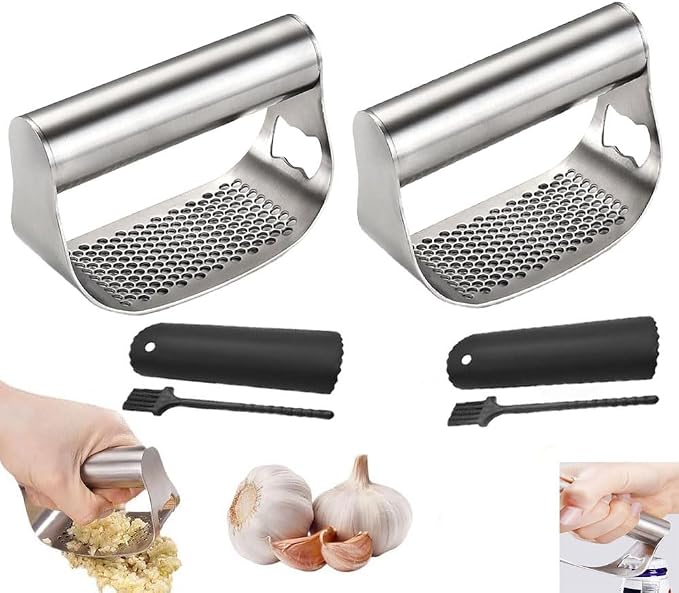 Garlic Press Set,Garlic Press Rocker Heavy Duty Stainless Steel Garlic Mincer, Garlic Chopper with Peeler And Cleaning Brush for Smash Garlic Kitchen Tools(2Set)