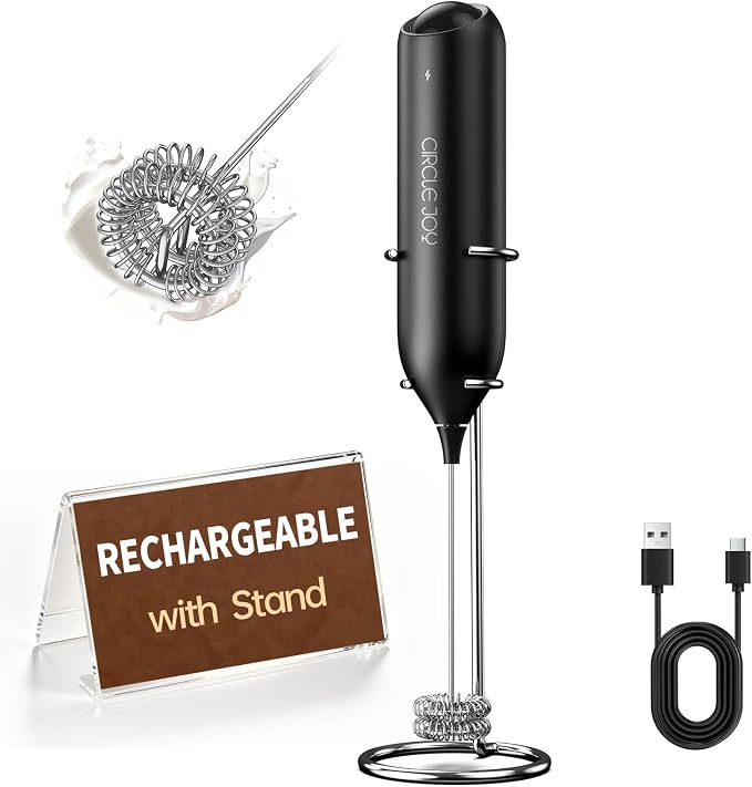 CIRCLE JOY Rechargeable Milk Frother Handheld with Stand, Dual Spring Whisk Head Electric Coffee Frother Foam Maker, Portable Drink Mixer for Cappuccino, Latte, Matcha, Black