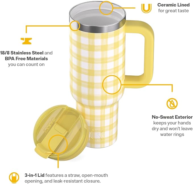 RTIC 40 oz Road Trip Tumbler Double-Walled Cermaic Lined Insulated Stainless Steel Portable Travel Coffee Mug Cup with Lid, Handle and Straw, Sunlight Gingham