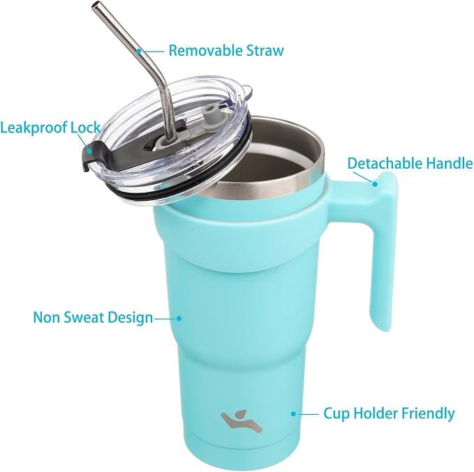 Konokyo 20 oz Tumbler with Handle and Straw, Insulated Travel Mug | Turquoise; BPA-free, leak-proof tumbler with 2 lids, 2 straws, cup holder fit for coffee, office, travel & daily use