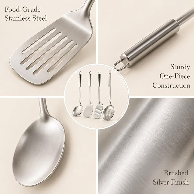 Pleafind Cooking Utensils Set - 4 Pcs Stainless Steel Kitchen Utensils Set with Solid Turner, Slotted Turner, Serving Ladle, Slotted Spoon, Wok Utensils Set with Heat Resistant Handle, Dishwasher Safe