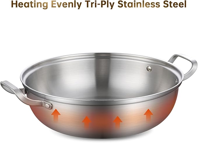 Yeksum Tri-Ply Stainless Steel Saute Pan,Deep Frying Pan with lid,Compatible with All Cooktops Up to 650℉, Everyday Pan,Hot Pot,Kadhai,Induction Cooking Pot,Dishwasher and Oven Safe. (7QT)