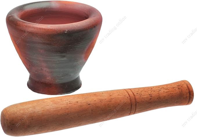 Thai & Laos Kruk Grinding Earthenware Clay Mortar with Palm Wooden Pestle, 6.75 Inches