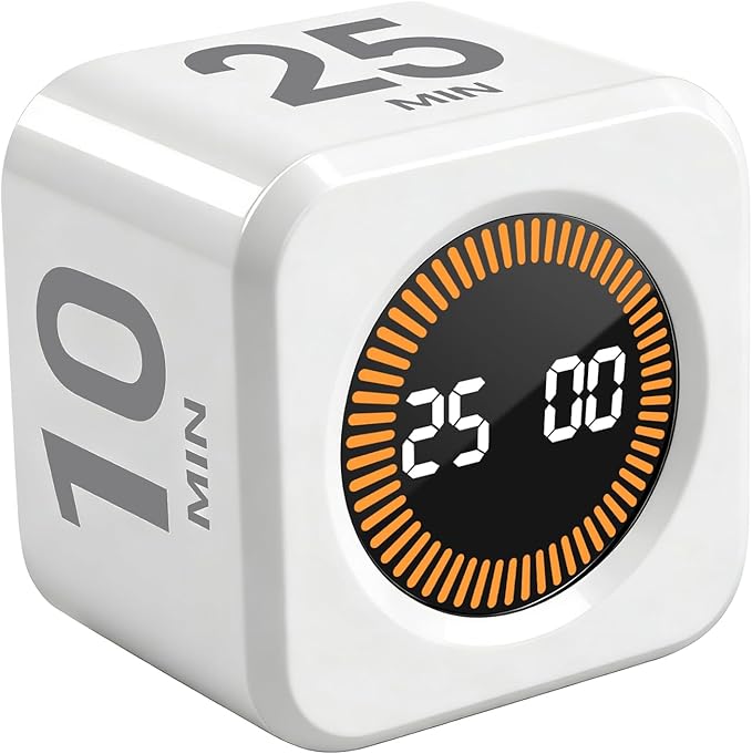 Pomodoro Timer Cube for Productivity — 5/25/10/50 Minutes Preset, Digital Gravity Sensor Desk Visual Timer for ADHD, Silent Mode, Ideal for Office, Study, Kitchen & Kids (White)