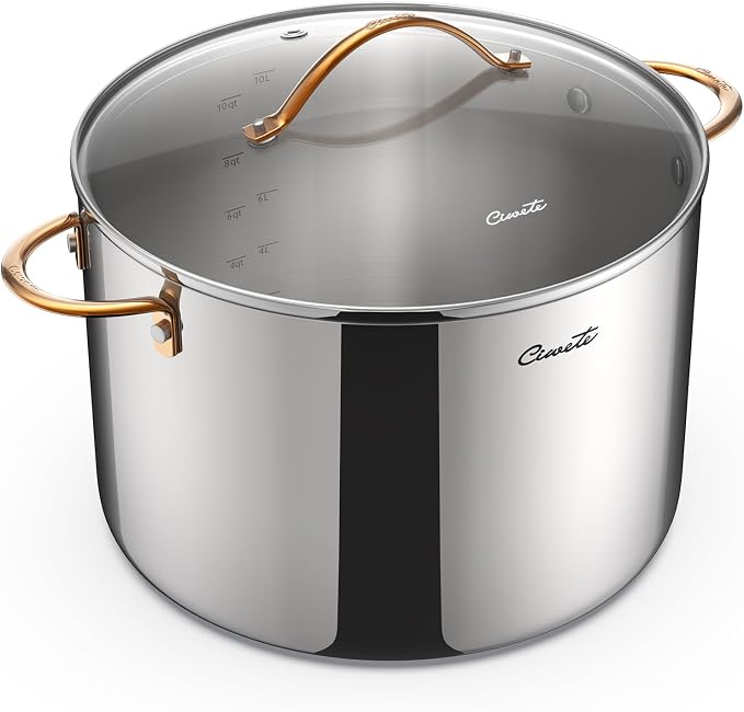 Ciwete 12 Quart Stock Pot with Lid, Upgraded Tri-Ply Stainless Steel Pot, Seamless Large Cooking Pot with Stay-Cool Brass Handle, Healthy Polished Stockpots, Induction Cookware, Oven & Dishwasher Safe