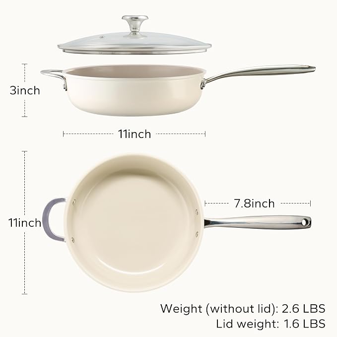 Redchef Ceramic Saute Pan with Lid, Nonstick Deep Frying Pan, 5QT Jumbo Cooker with Helper Handle & Lid, Non Toxic Ceramic Cooking Pan, Chef Pan, Dishwasher & Oven Safe, PFAS PFOA & PTFE Free
