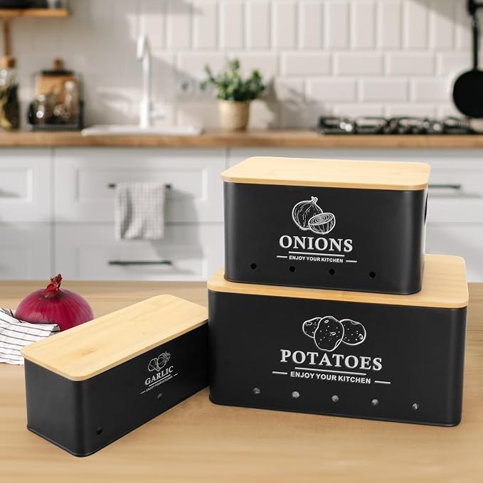 Kitchen Vegetable Storage Set of 3, Metal Onion Garlic Potato Storage Set, Kitchen Canisters Vegetable Keeper Containers with Aerating Holes and Bamboo Lid,Black