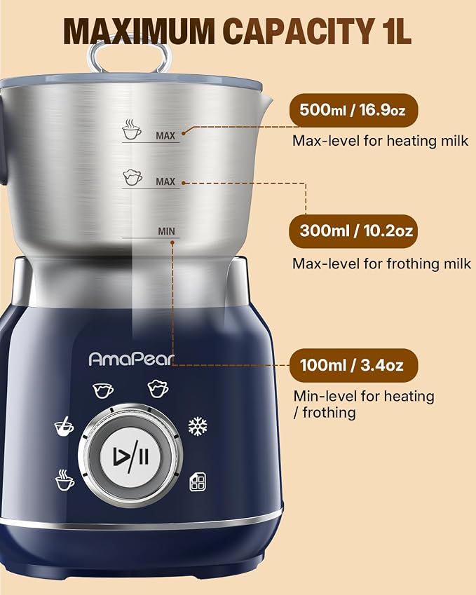 Electric Milk Frother and Steamer, 6 in 1 Hot & Cold Foam Maker for Coffee | 16.9oz/500ml Milk Warmer for Latte, Macchiato, Cappuccino, Hot Chocolate Maker, Dishwasher Safe (Blue)