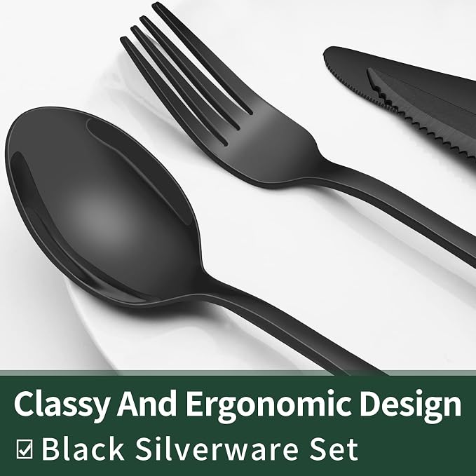 EWFEN 24-Piece Black Silverware Set with Steak Knives, Black Flatware Set for 4, Food-Grade Stainless Steel Tableware Cutlery Set, Mirror Finished Utensil Sets for Home Restaurant, Round Edge