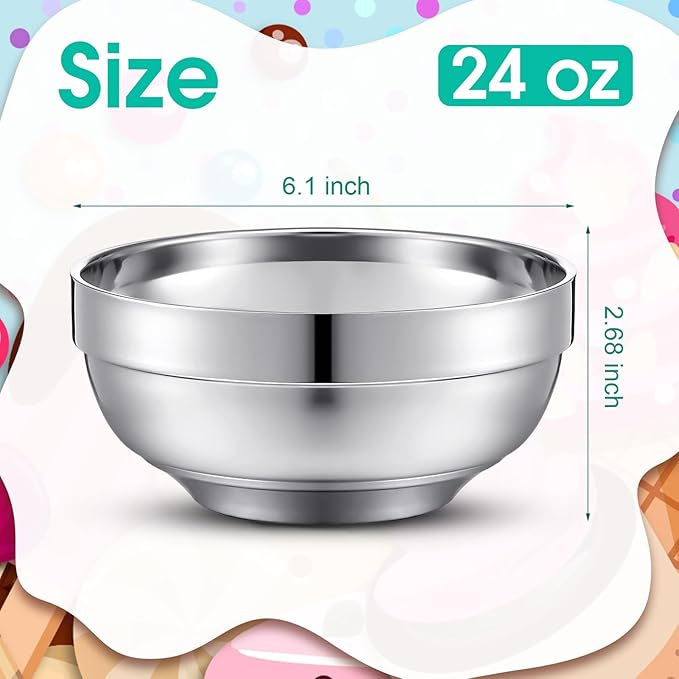 Funnymoom 4 Pack 24 Oz stainless Steel Bowls Double Walled Insulated Soup Ice Cream Metal Mixing Nesting Bowls for Serving Soup Rice Cereal