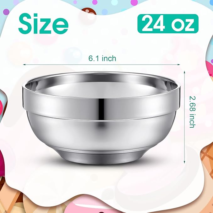 Funnymoom 8 Pack 24 oz Stainless Steel Bowls Double Walled Insulated Soup Ice Cream Metal Mixing Nesting Bowls for Serving Soup Rice Cereal (304 Stainless Steel)